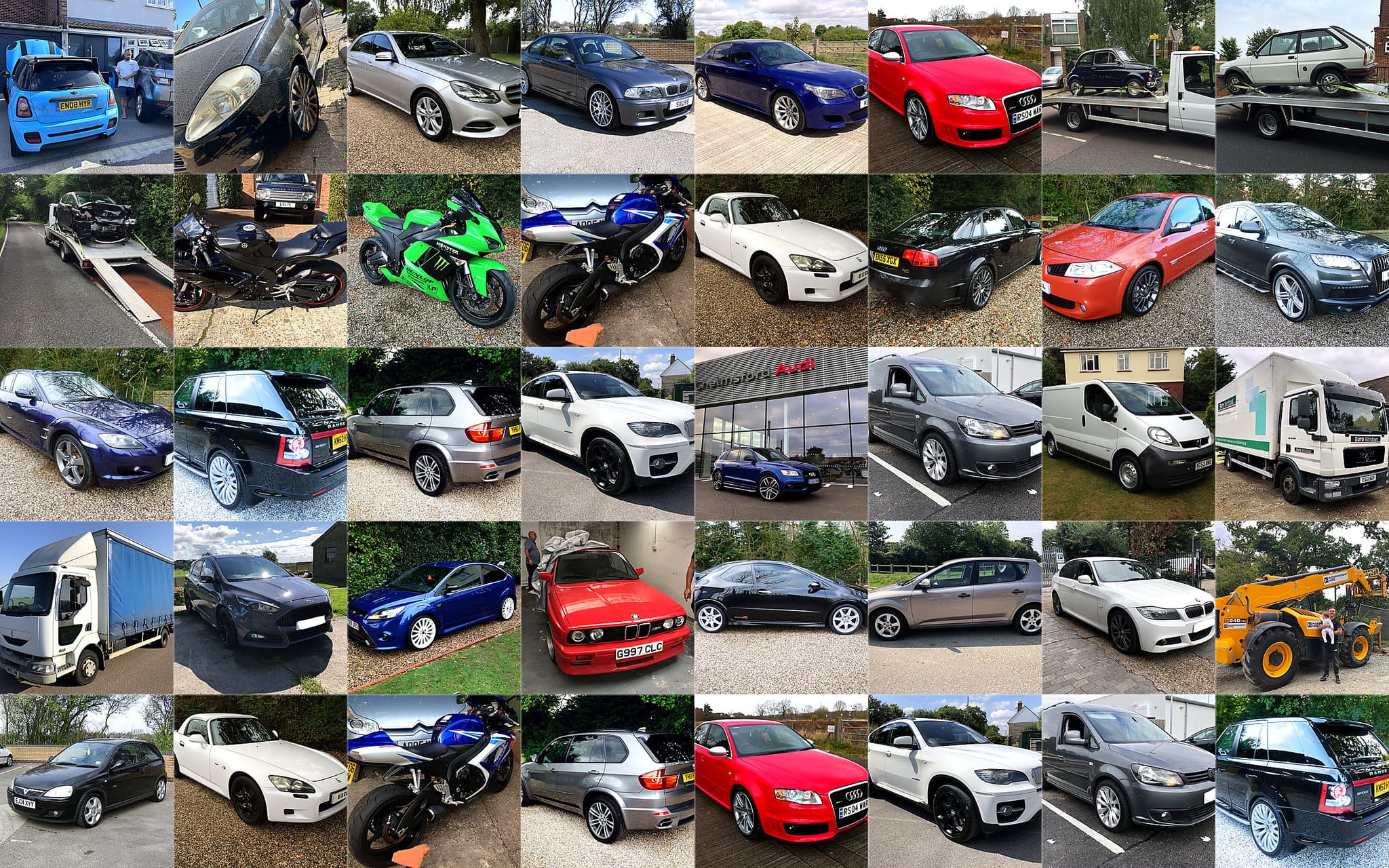 Collage of cars, vans, trucks, motorbikes and recovery collections handled by Essex Scrap